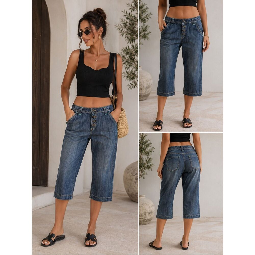 Driver Jeans Lyocell Capri Pants Roll Tab Blue Button Front Italy Size 31